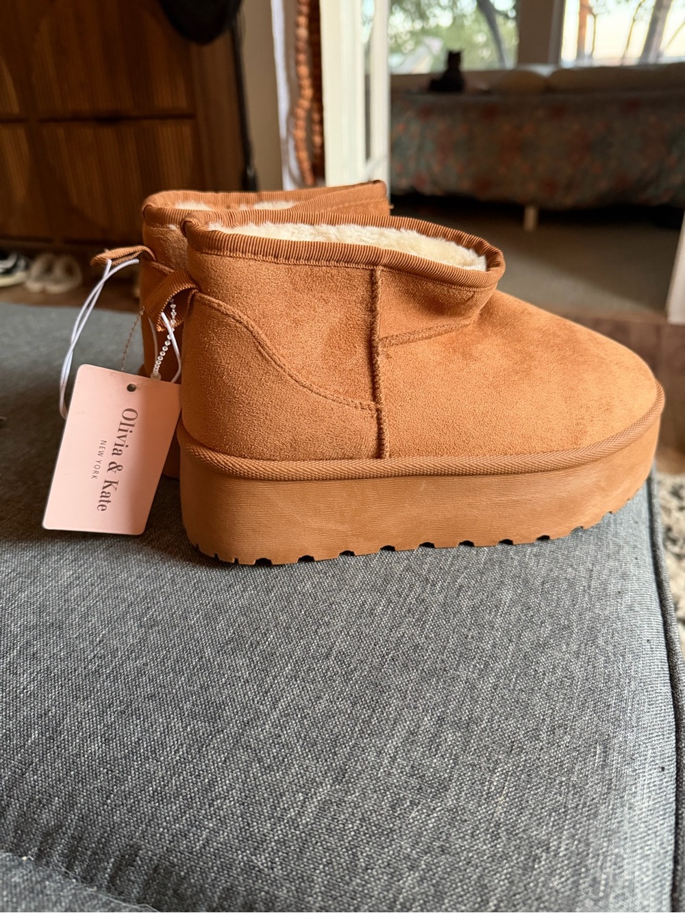 Olivia & Kate Tan Suede Platform Cozy Booties